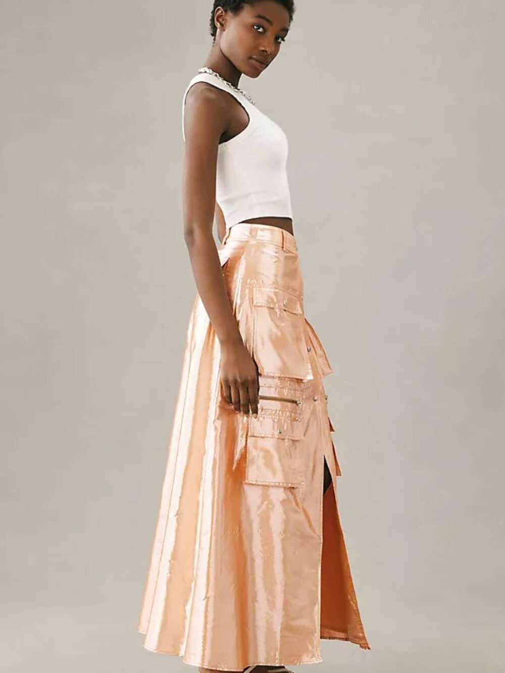 NWT Anthropologie Let Me Be Peach Gold Metallic Cargo Maxi Skirt Size S